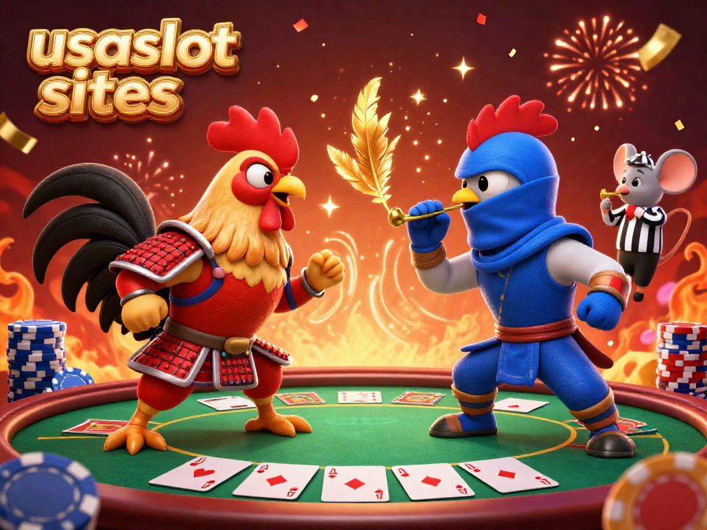 Engage with the usa slot sites through an epic showdown of samurai and ninja roosters in a vibrant casino setting.