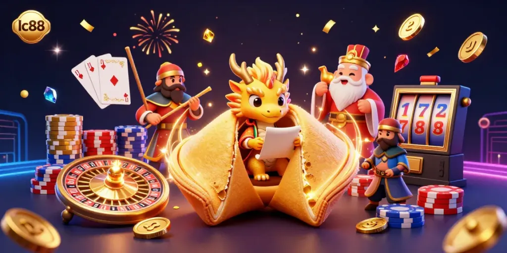 Experience the excitement of lc88 with golden fortune cookies, gems, and vibrant casino elements!