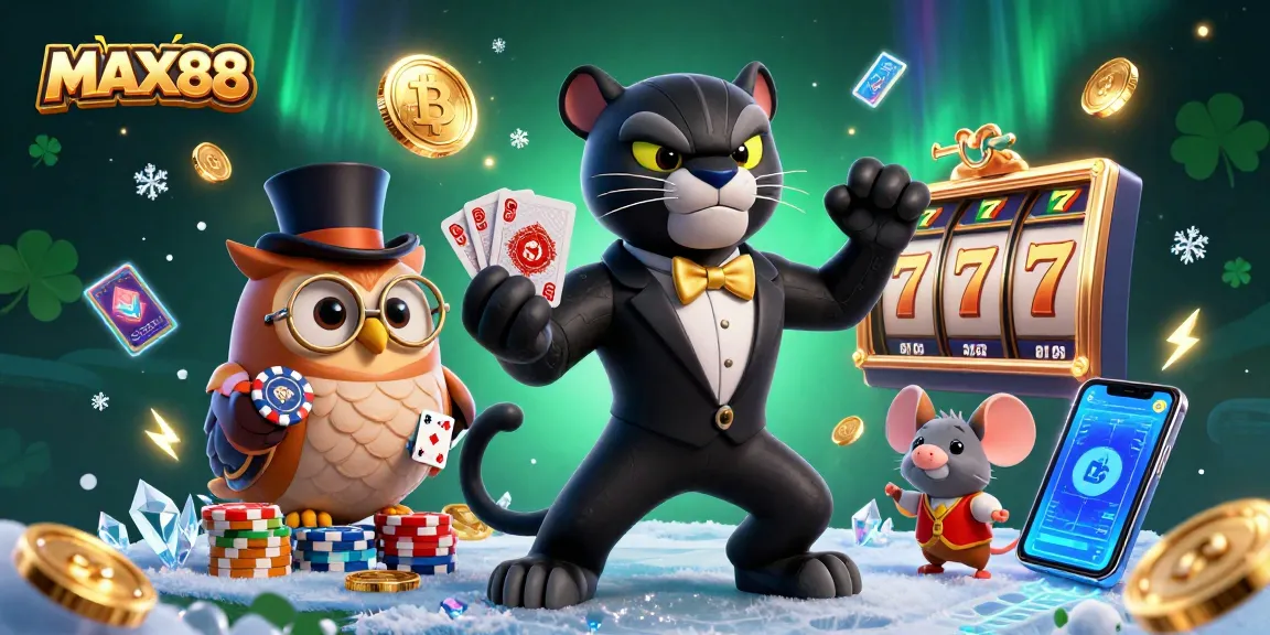 Engage with MAX88's slot games featuring a sleek black panther dealer and vibrant crypto elements.
