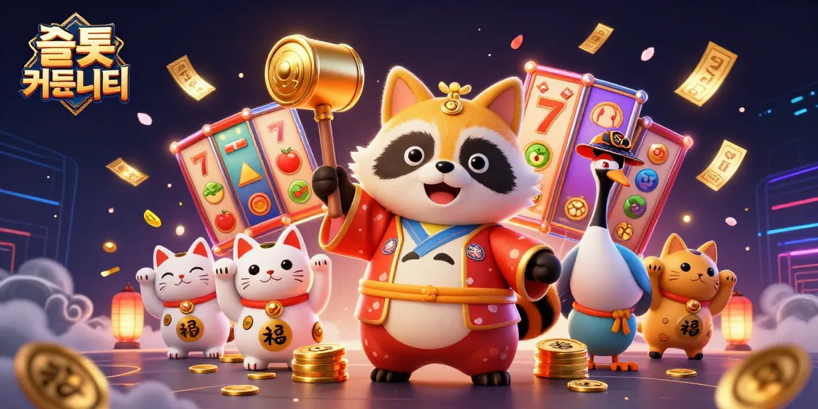 Engage with the vibrant 슬롯 커뮤니티 showcasing a cheerful tanuki festival scene amidst lively slot symbols and dynamic casino elements.