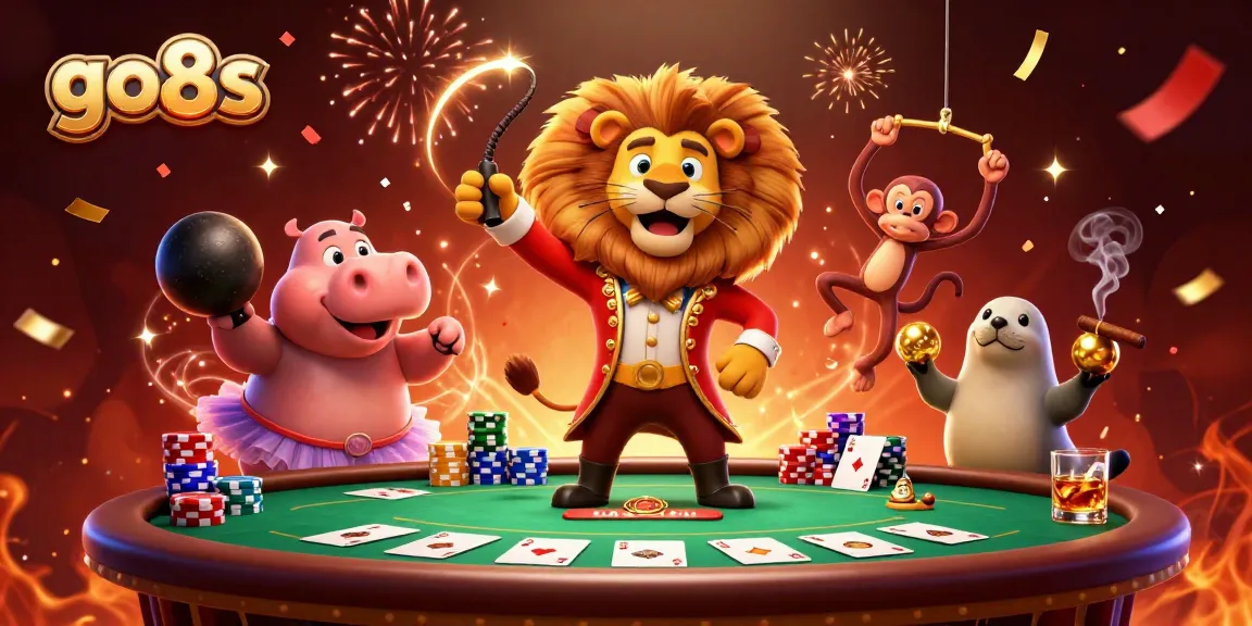 Engage with exciting go8s poker games alongside vibrant circus characters in a captivating 3D scene.