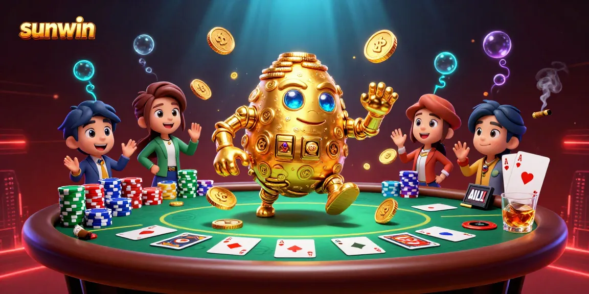 Win big with sunwin in a vibrant casino scene featuring gold coin golem and poker elements.