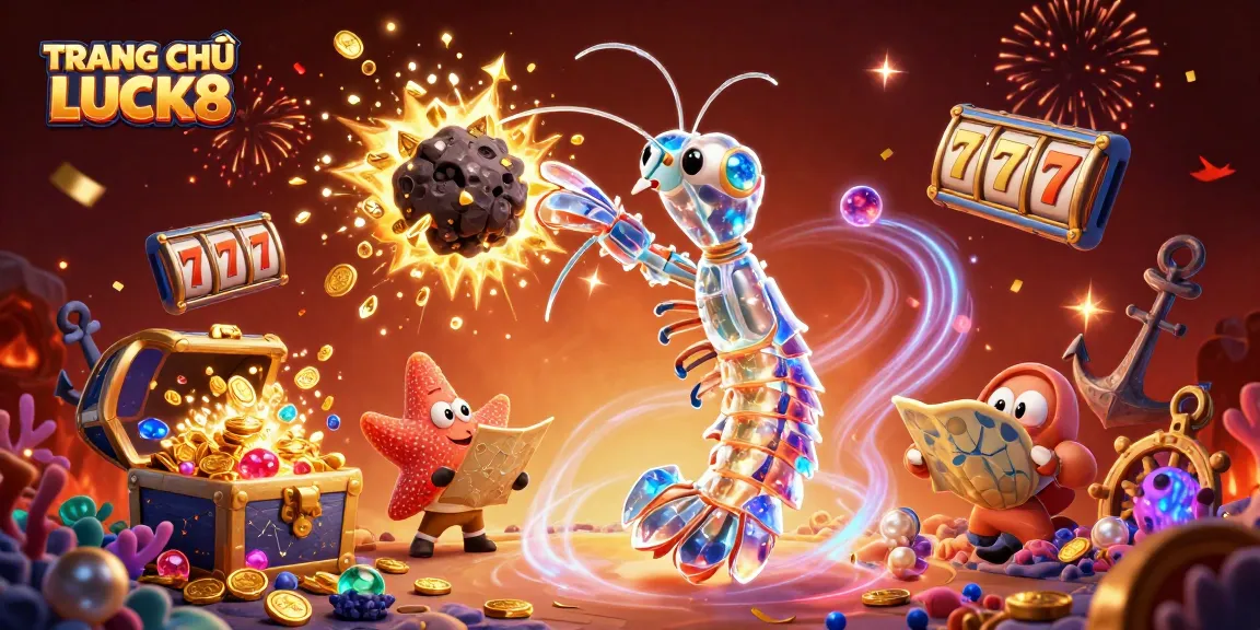 Engaging illustration with TRANG CHỦ LUCK8 showcasing a galactic samurai mantis shrimp amidst casino treasures.
