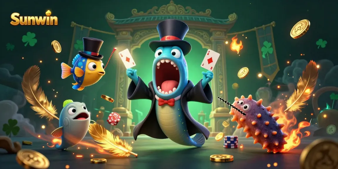 Sunwin showcases a vibrant casino scene with deep-sea creatures engaging in magic, surrounded by coins and dynamic elements.