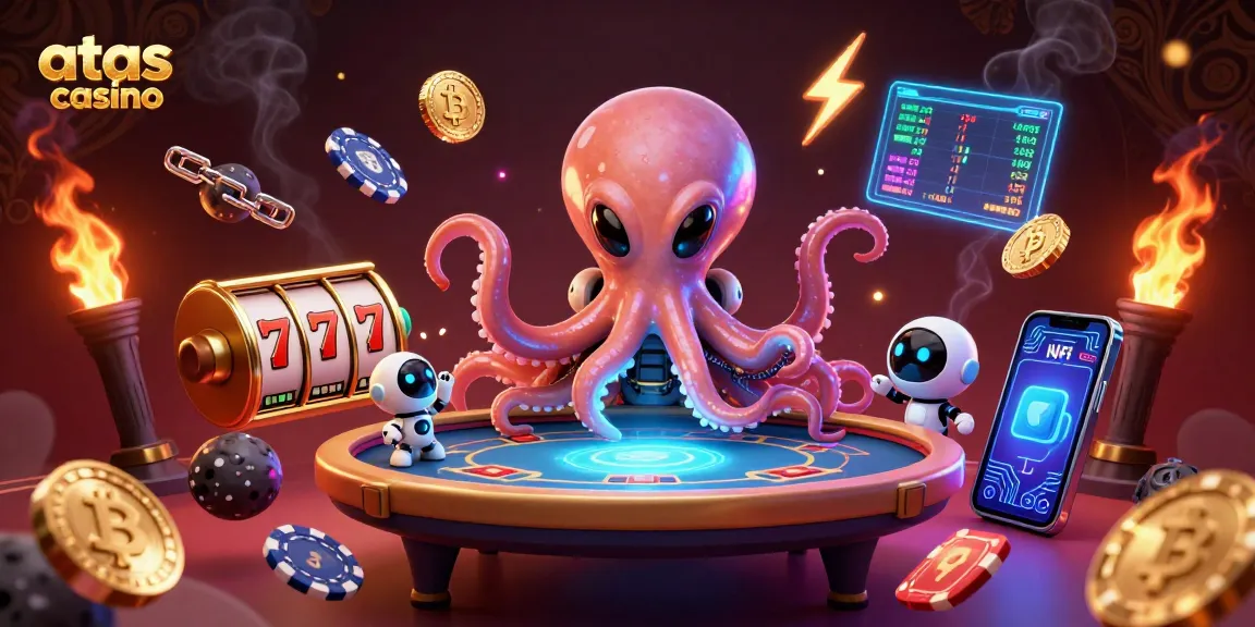 Engage in thrilling gameplay at atas casino with an alien octopus operating a poker table in a vibrant cosmic setting.