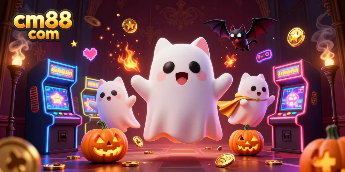 Experience thrilling gaming at cm88 com with a friendly ghost cat and casino elements glowing around them.