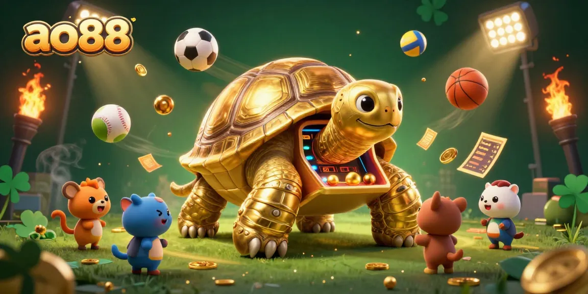 Play exciting games at ao88 with golden tortoise and sports balls in a vibrant casino scene.