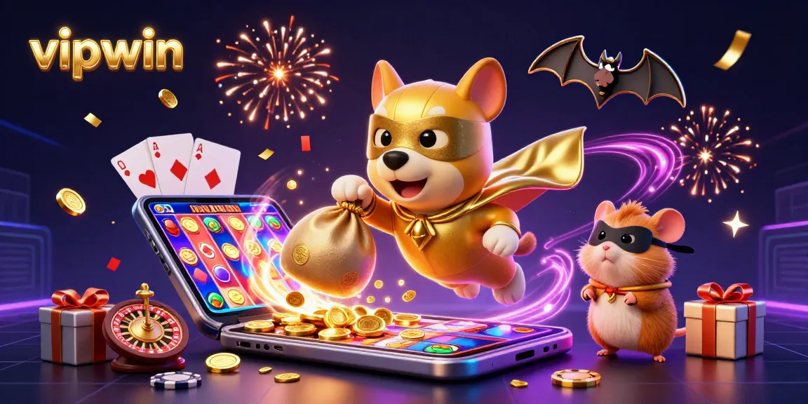 Engage with vipwin as a superhero dog delivers gold coins amidst exciting casino elements and animations.