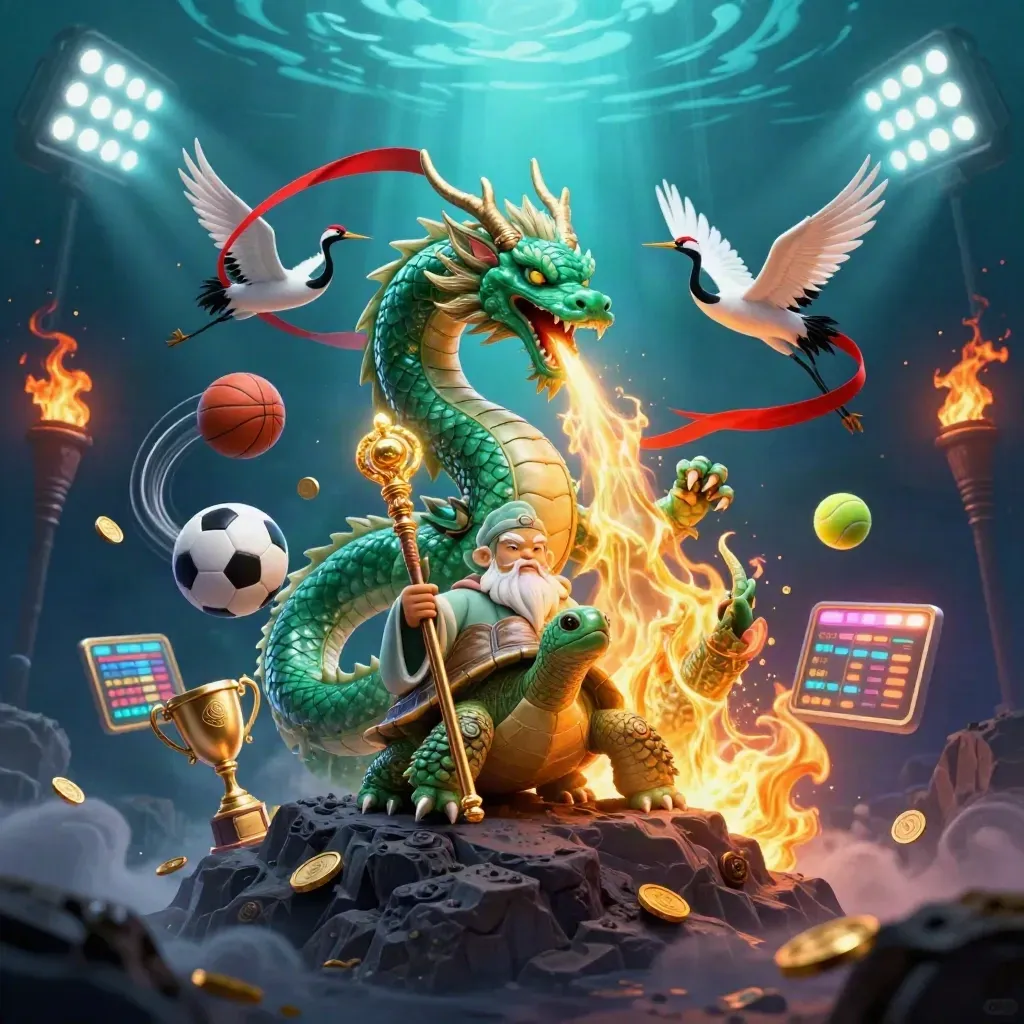 Jade dragon, turtle sage and cranes amid gold fire, balls, trophy and coins in a dark neon arena.