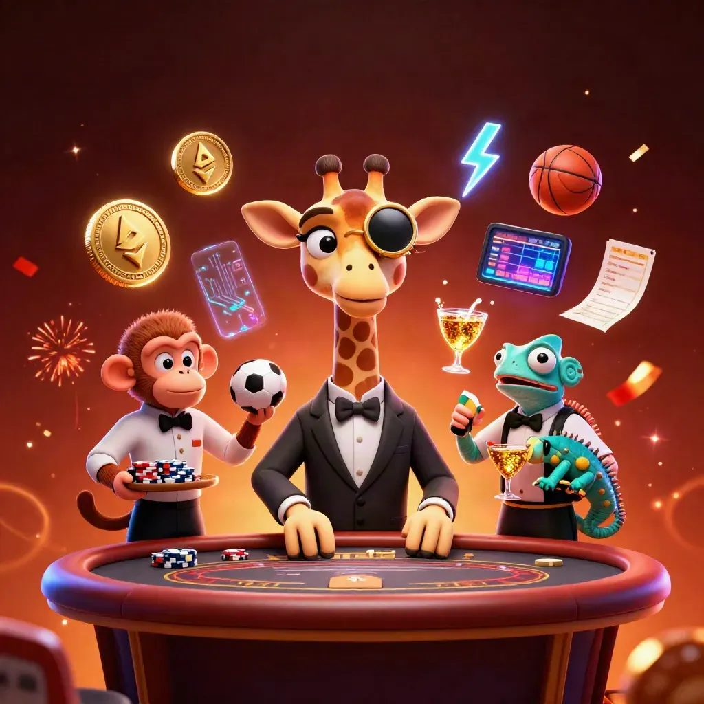 Giraffe, monkey and chameleon at a neon poker table with coins, confetti and sports icons.