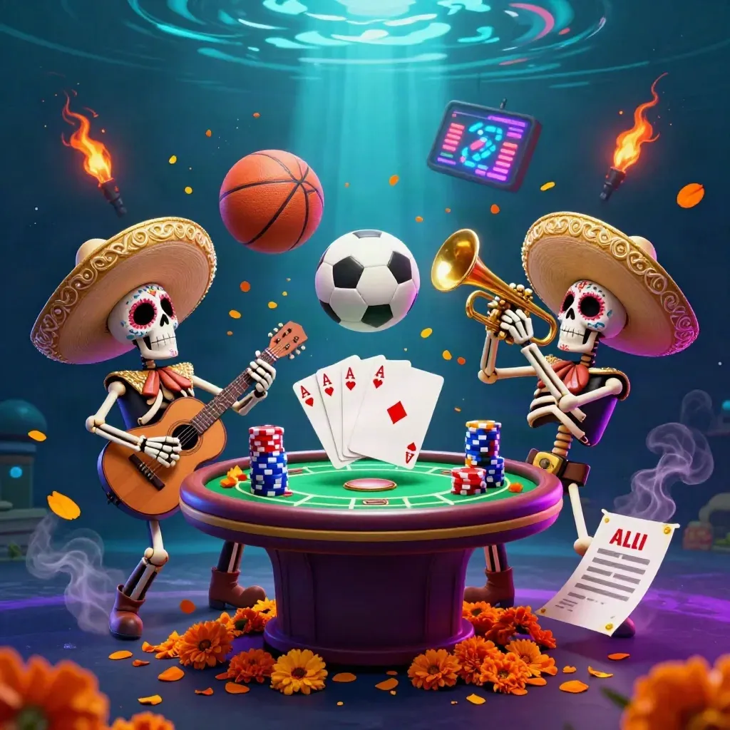 Skeleton mariachi trio amid poker chips, balls, and neon casino glow