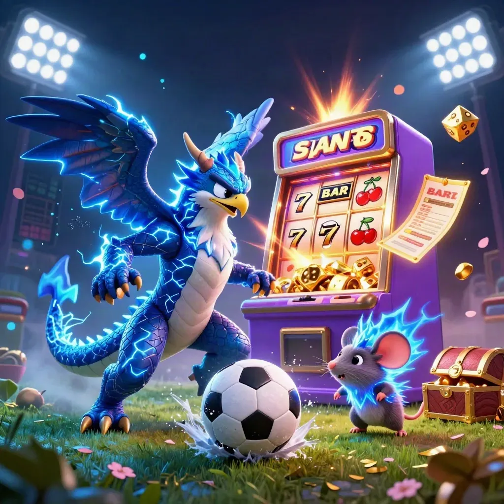 Dragon, hawk and mouse amid exploding slot gold, soccer ball and neon sports-light chaos.