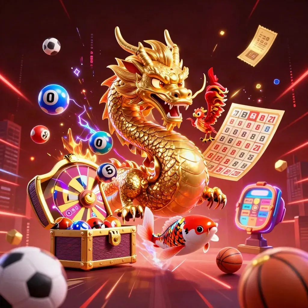 Golden dragon, phoenix and koi amid casino lights, balls, wheel and tickets on dark neon backdrop.