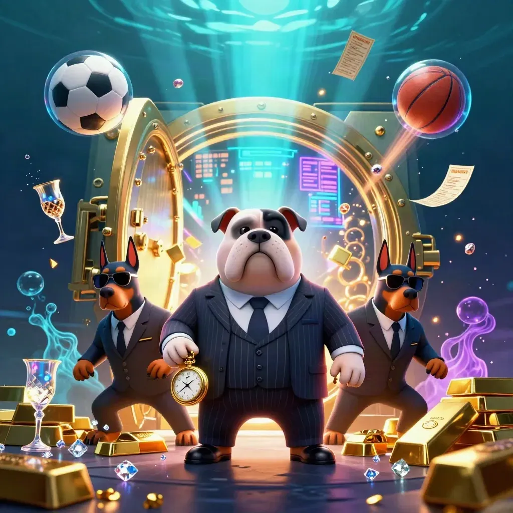 Cartoon bulldog and Dobermans by a glowing gold vault underwater with sports balls and bubbles.