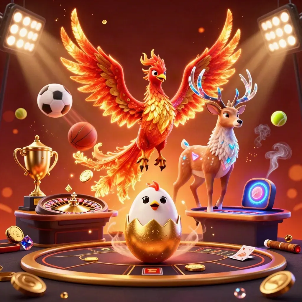 Fire phoenix, crystal stag and baby phoenix amid casino lights, coins, and sports balls.