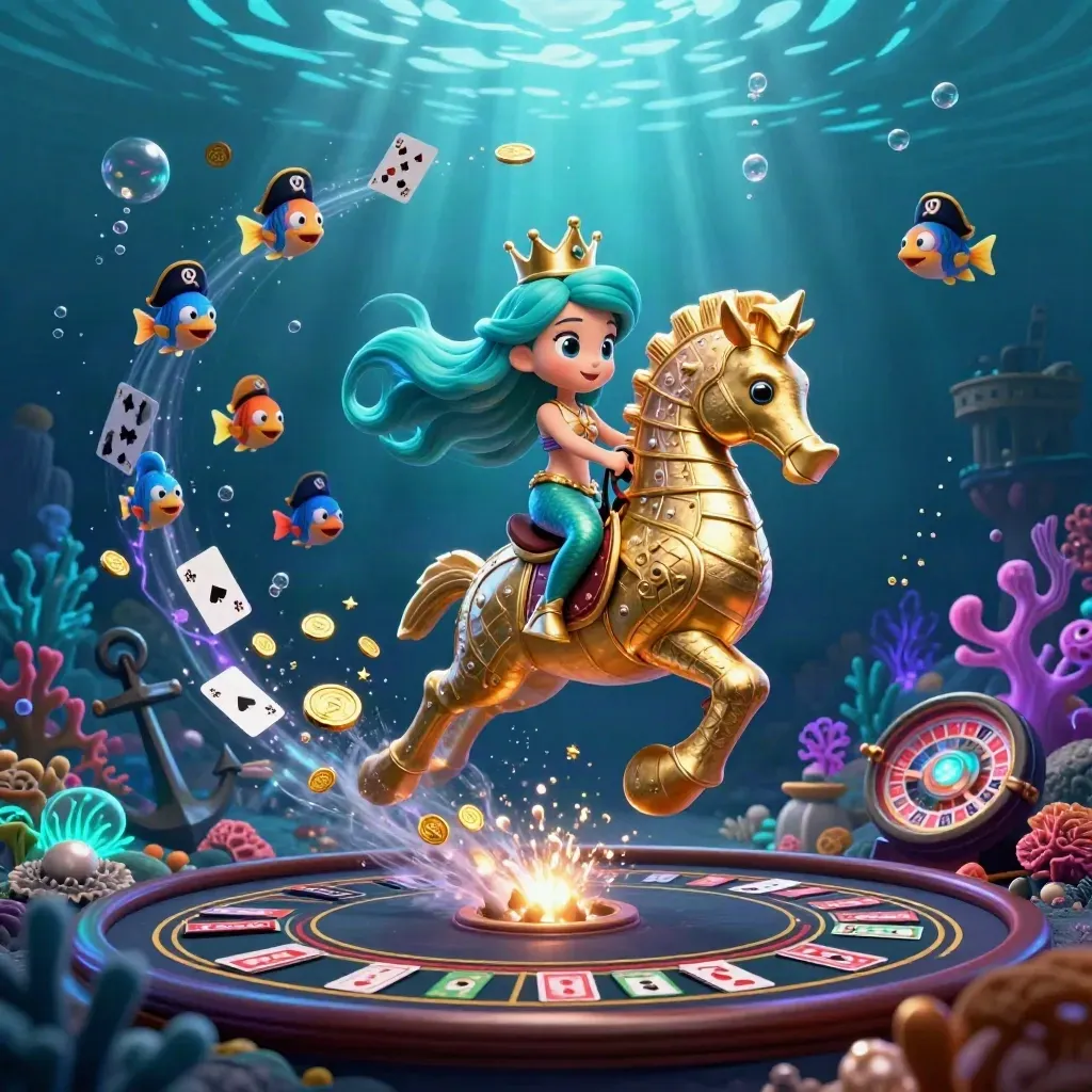 Mermaid princess on armored seahorse amid pirate fish, treasure, bubbles, and neon casino glow.