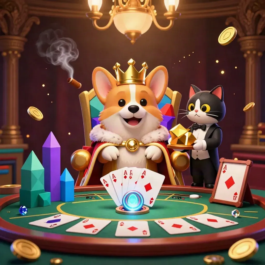 Crowned corgi and cat butler in a lavish casino hall with chips, cards, and roulette glow.