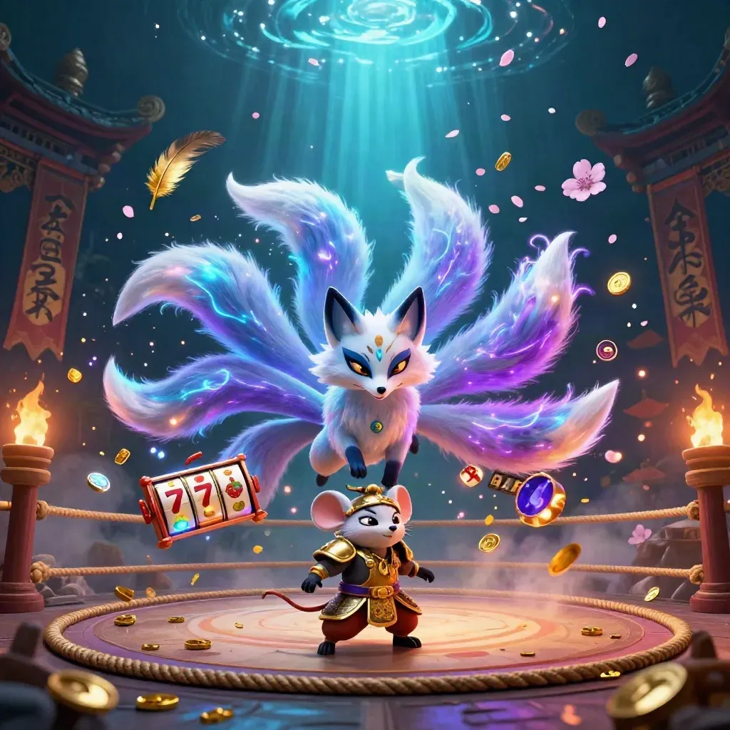 Neon fox spirit and armored mouse amid casino treasure, petals, runes, and reels