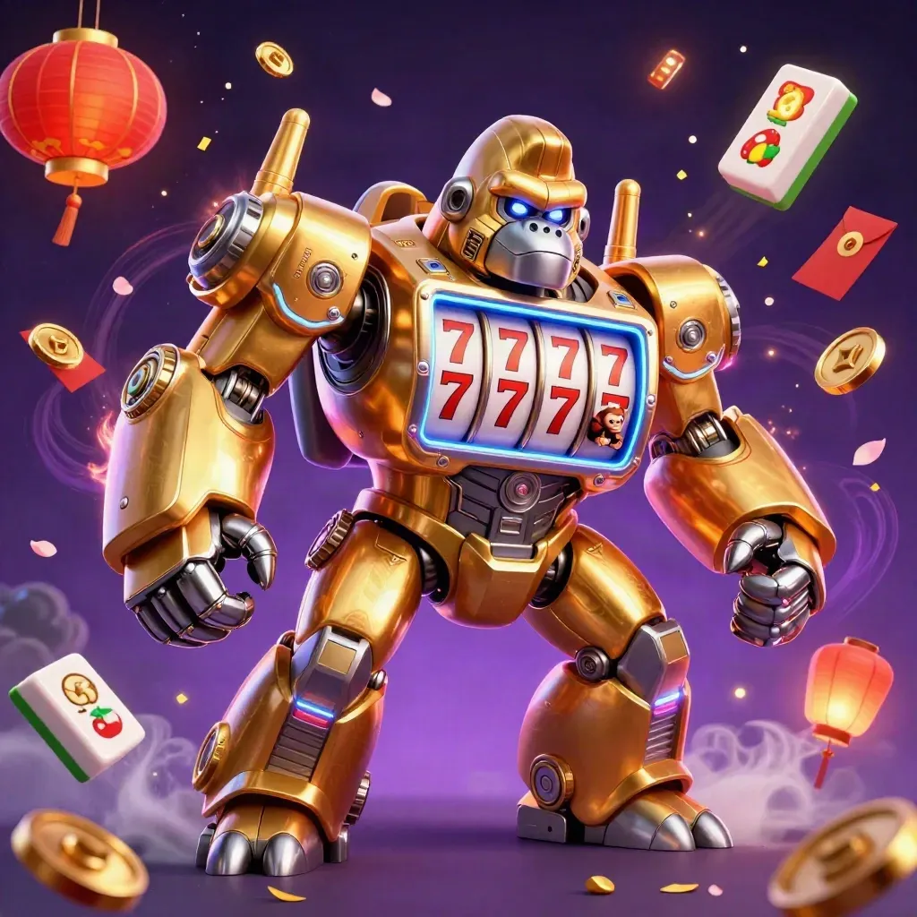 Golden gorilla slot mech with monkey pilot, lanterns, coins, petals and neon energy.