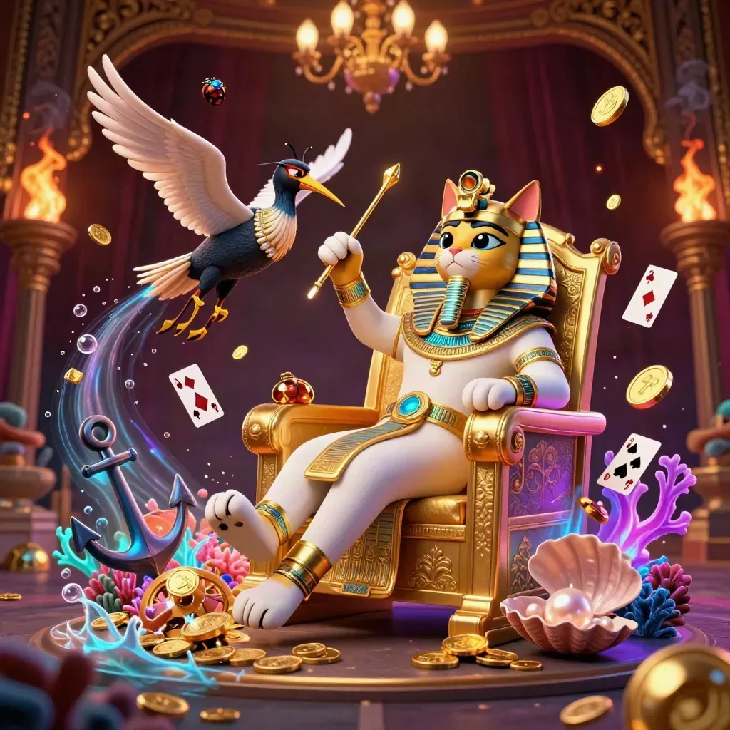 Pharaoh cat on golden throne with ibis scribe, gem-wing scarabs, and treasure bursting in neon light.