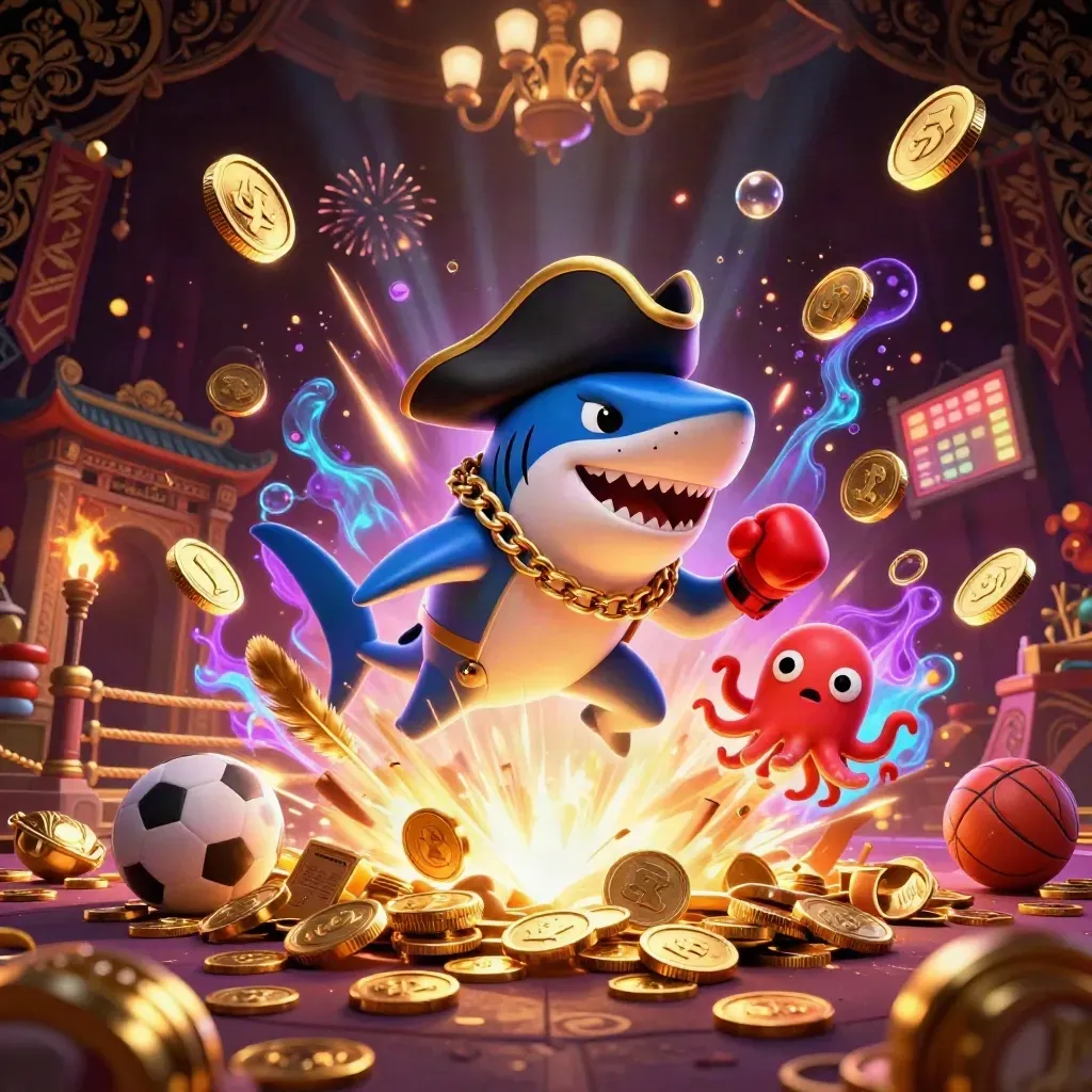 Pirate shark, boxing pufferfish, and juggling octopus amid coins, vault burst, and neon casino glow.