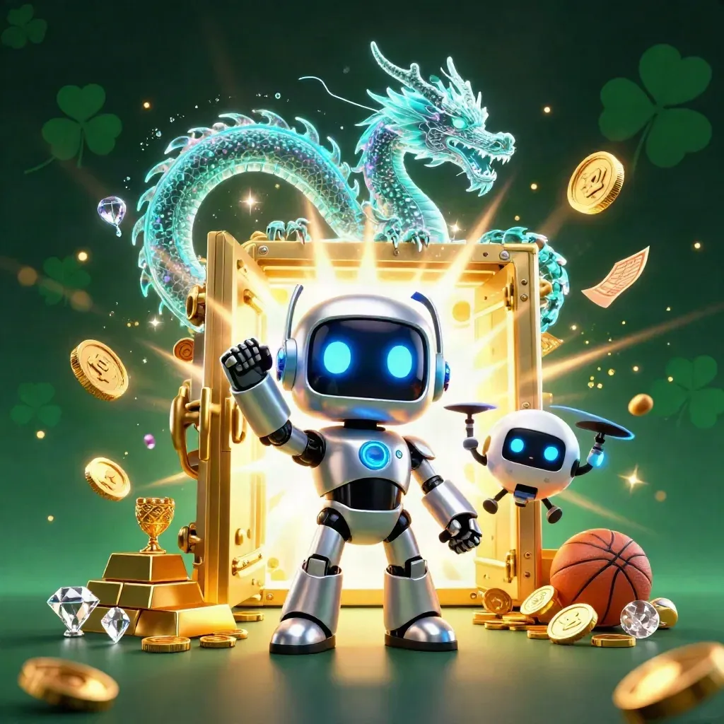 Cyberpunk robot, holographic dragon and coin drone amid a bursting treasure vault and casino loot.
