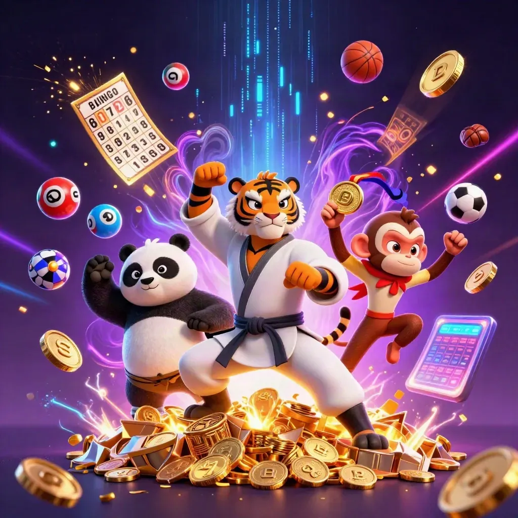 Kung-fu tiger, panda, and monkey amid casino-style treasure, coins, lights, and game icons.