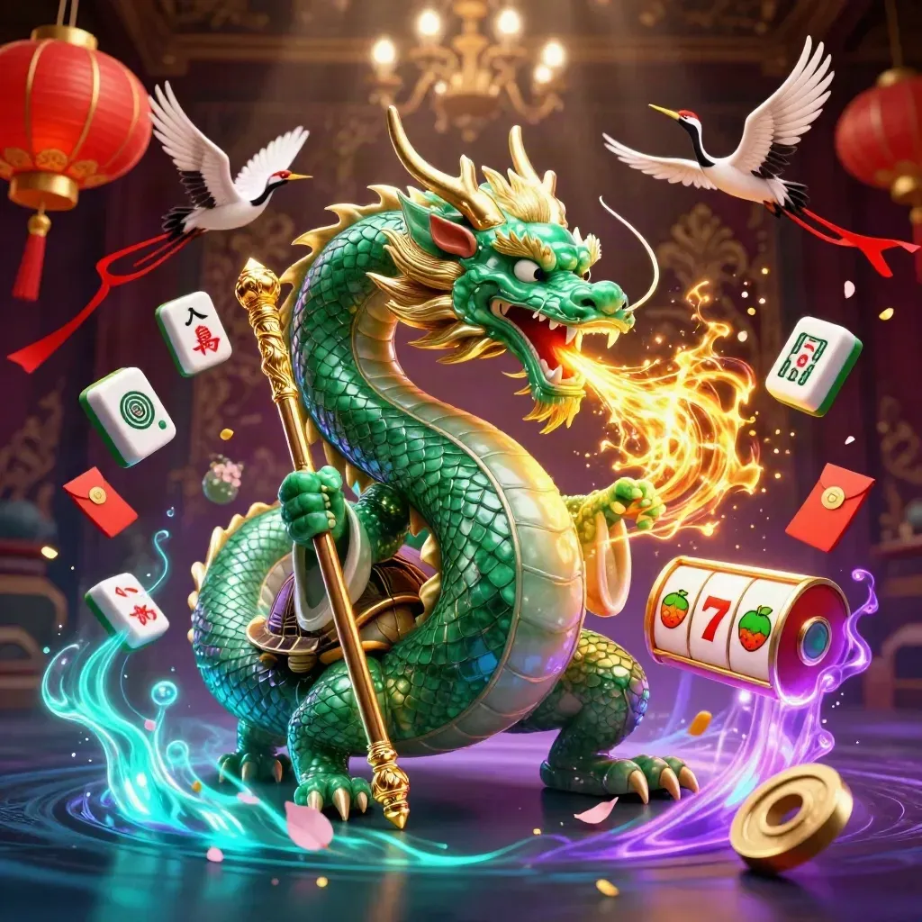 Emerald dragon, turtle sage, and cranes amid casino reels, lanterns, coins, and golden fire