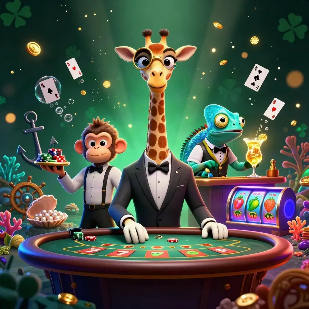 Giraffe high-roller, monkey valet and chameleon bartender in a glowing treasure-cove casino scene.