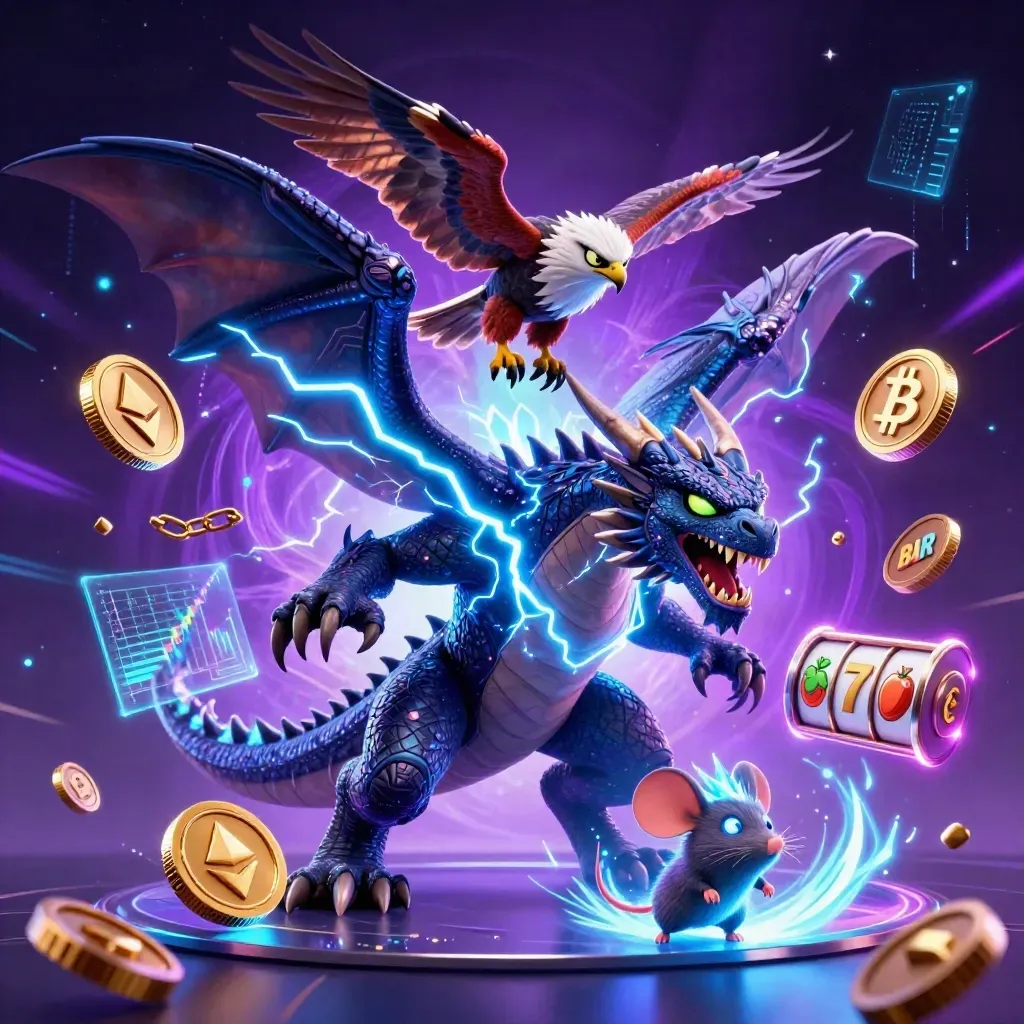 Thunder dragon, wind hawk, and static mouse amid neon casino energy and crypto coins.