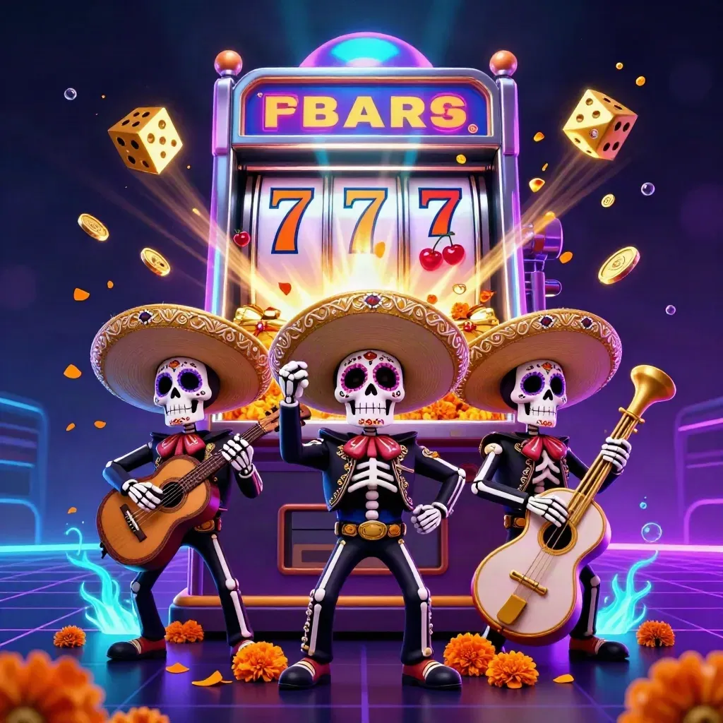 Skeleton mariachi trio with slot machine, gold, dice and neon casino glow