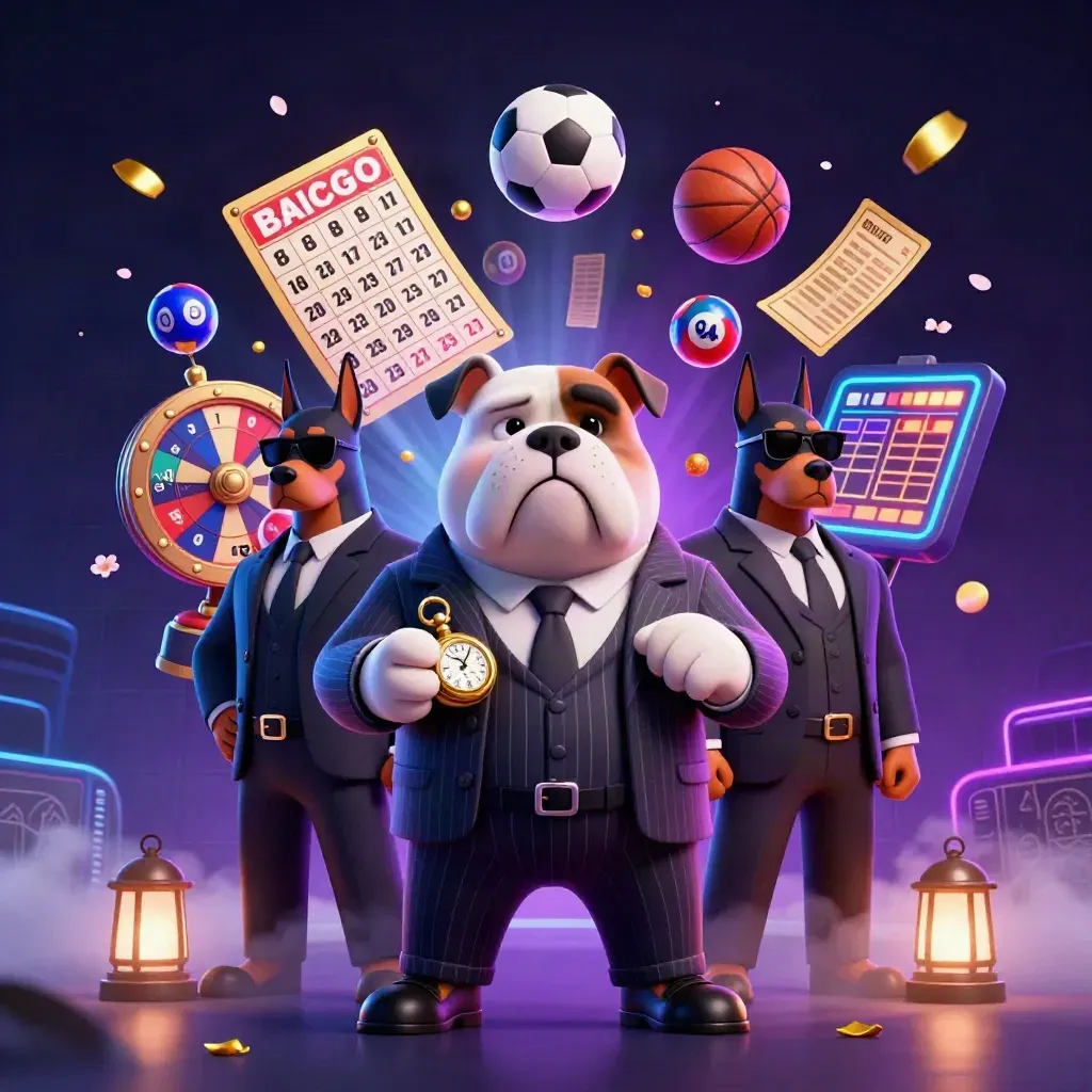Bulldog mob boss with two Dobermans amid casino balls, wheel, tickets, neon arena glow
