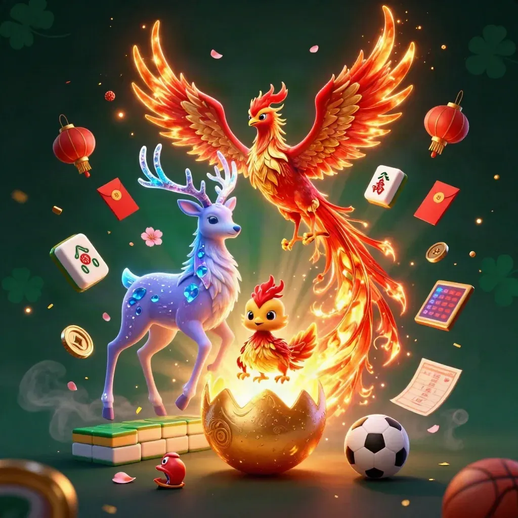 Fire phoenix, baby phoenix, stag, casino tokens, sports balls, and glowing emerald-gold effects.