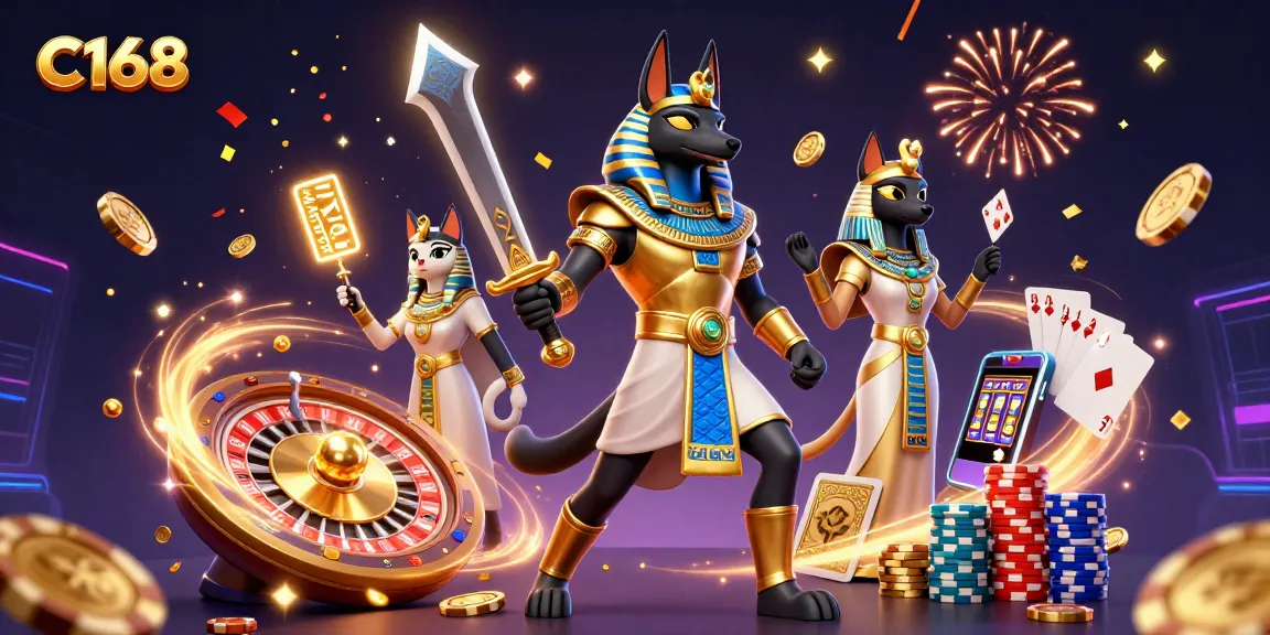 C168 casino illustration featuring the Anubis warrior and Bastet amidst glittering jackpot symbols and roulette.