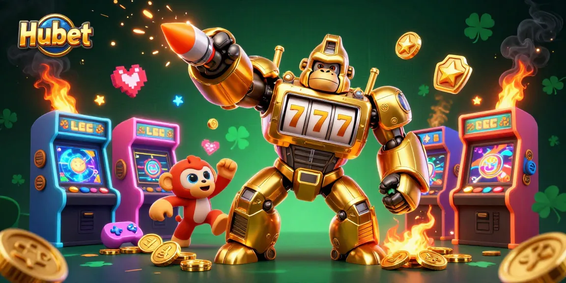Experience thrilling gaming at Hubet featuring a golden gorilla mech surrounded by vibrant arcade elements.