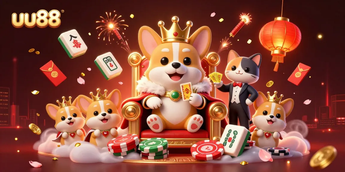 Experience high-stakes fun at uu88 with a lively 3D casino scene featuring royal corgis.