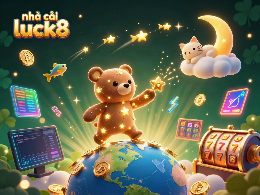 Engage with nhà cái luck8's vibrant 3D casino scene featuring a constellation bear collecting coins, with lively slot reels.