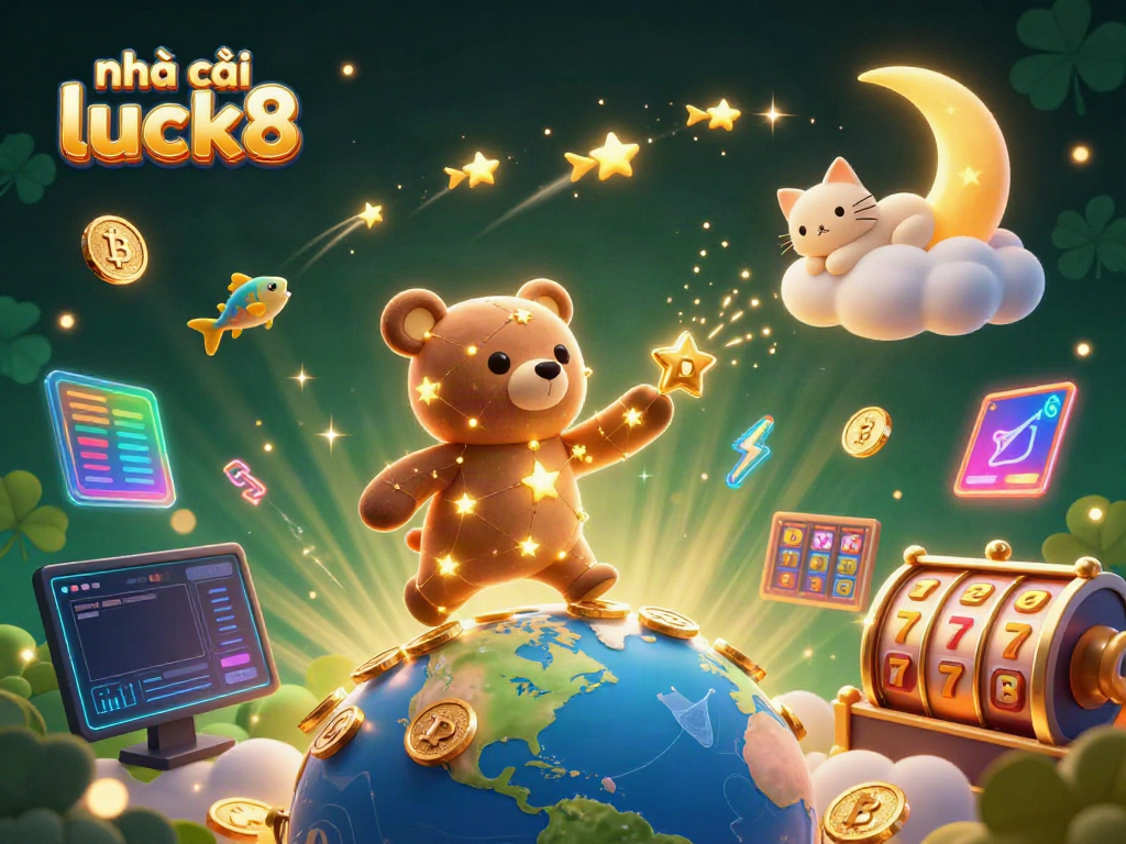 Engage with nhà cái luck8's vibrant 3D casino scene featuring a constellation bear collecting coins, with lively slot reels.