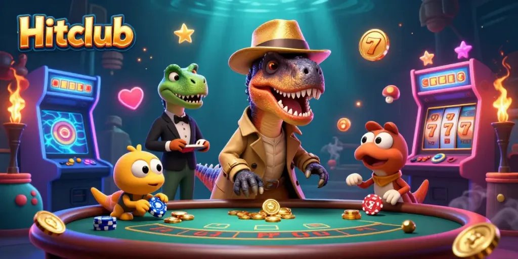 Hitclub's velociraptor card counter in a trench coat plays blackjack, surrounded by lively gaming elements.