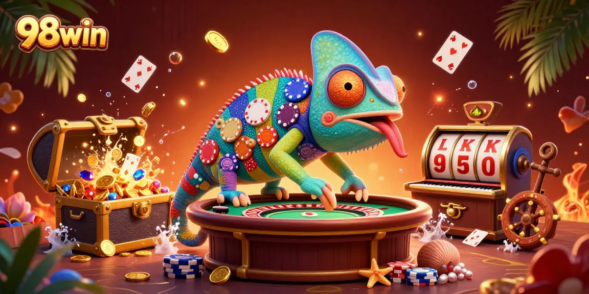 Play and win big at 98win as the chameleon casino owner collects golden coins amidst vibrant casino gameplay.