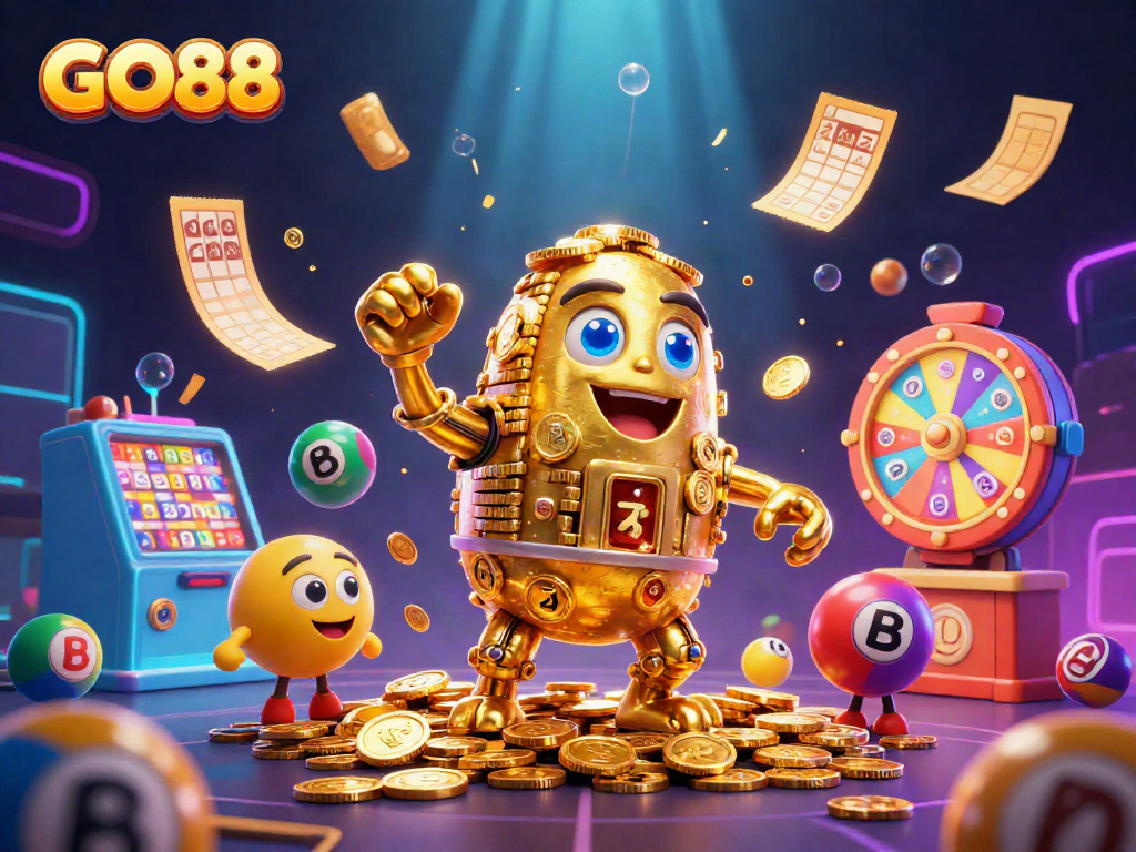 Experience GO88's thrilling gaming universe with vibrant lottery balls and a dynamic golden golem.