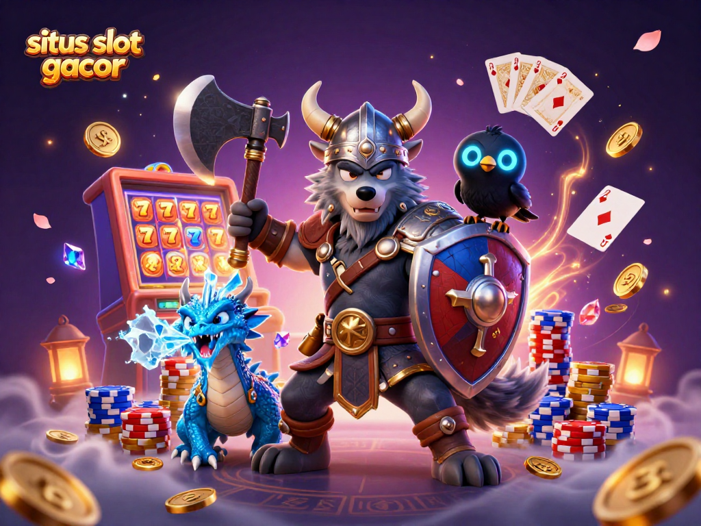 Experience the excitement of situs slot gacor with a vibrant 3D scene featuring epic characters and dynamic gambling elements.