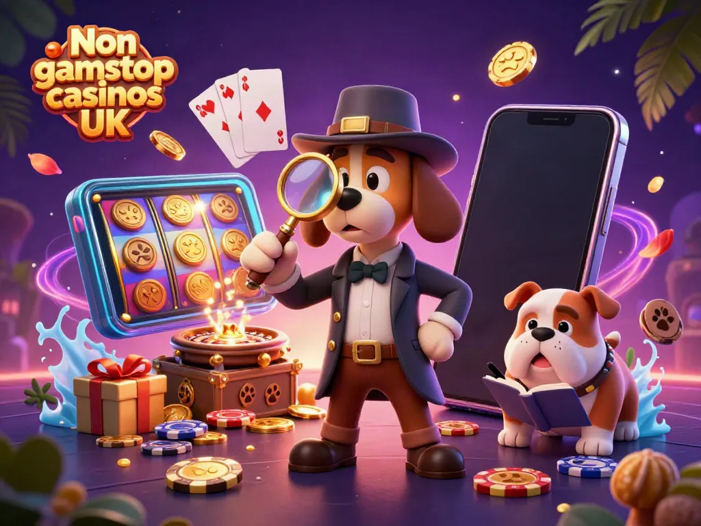 Engaging 3D scene featuring detective characters exploring Non gamstop casinos UK, highlighting casino elements.
