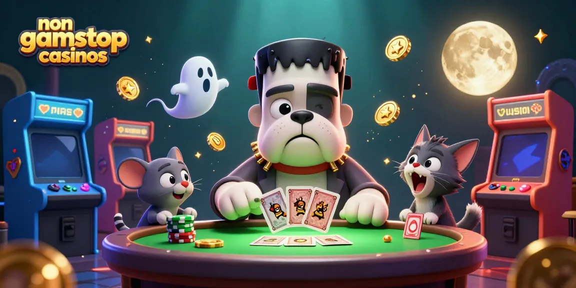 Engaging 3D scene depicting non gamstop casinos with a bulldog monster dealing cards, set at a vibrant gaming table.