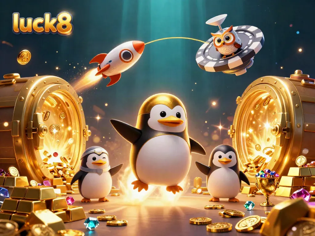 Experience ultimate fun at luck8 with a vibrant, golden casino-themed 3D digital illustration.