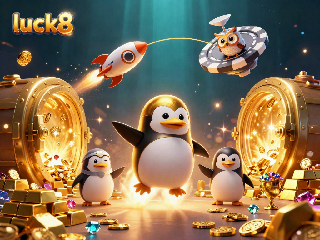 Experience ultimate fun at luck8 with a vibrant, golden casino-themed 3D digital illustration.