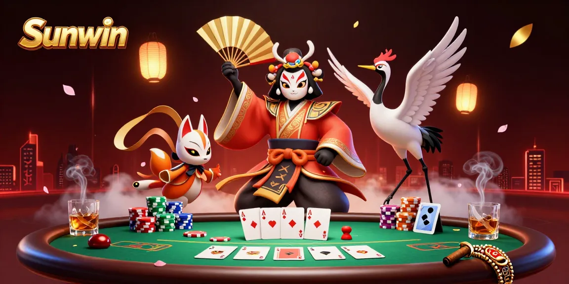 Experience Sunwin's vibrant online casino with an energetic scene featuring gaming elements and engaging characters.