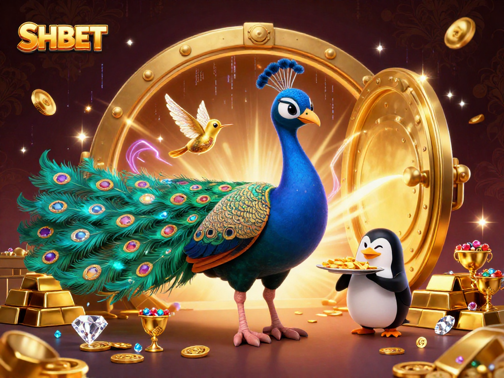 Experience dazzling gameplay at SHBET with a colorful casino illustration featuring unique characters and riches.