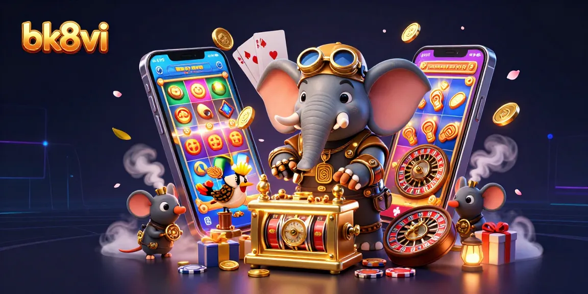 Experience thrilling gambling action with bk8vi's vibrant 3D steampunk casino illustration filled with games and excitement.