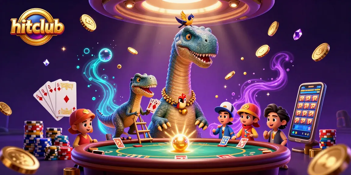 Experience thrilling gameplay at hitclub with a fun, whimsical casino scene featuring dinosaurs and games.